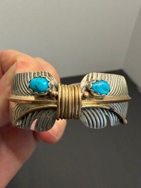Vintage Navajo sterling/turquoise/gold feather cuff bracelet